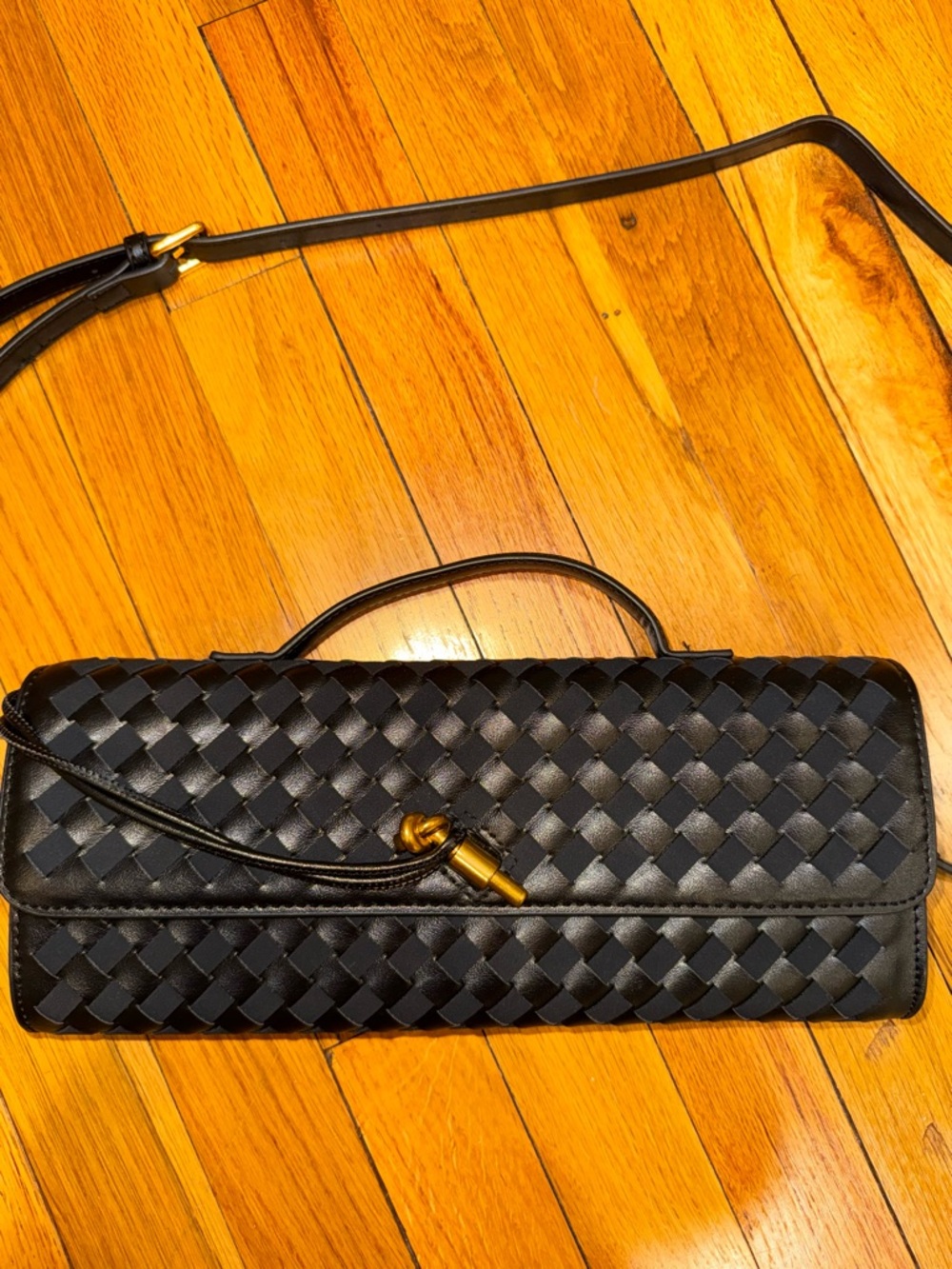 Black Woven Leather Shoulder Bag with Gold Accent